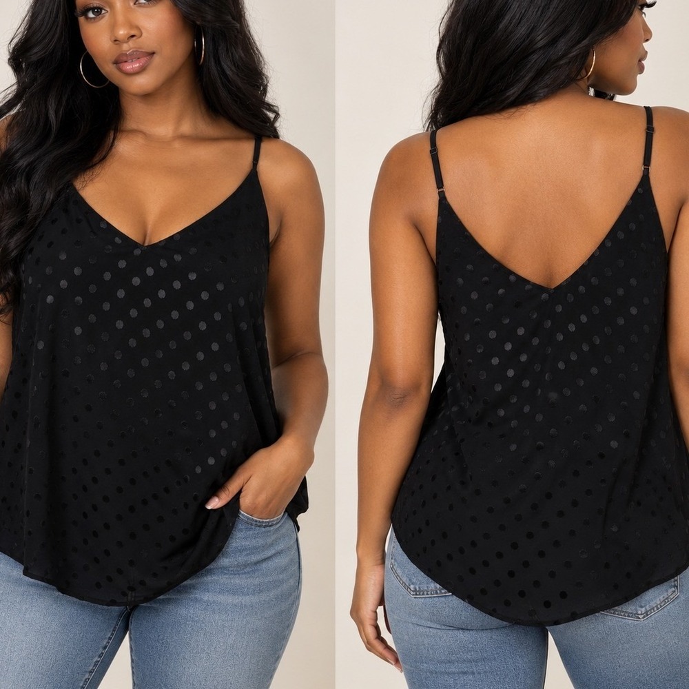Express Black Polka Dot V-Neck Cami M Adjustable Straps Layering Capsule Chic